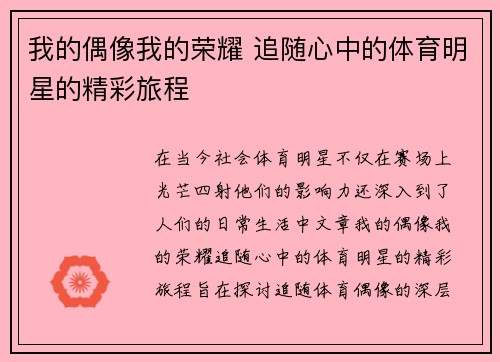 我的偶像我的荣耀 追随心中的体育明星的精彩旅程